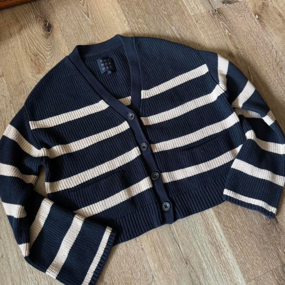 Not Monday Navy and Cream striped cropped‎ cardigan Size XS